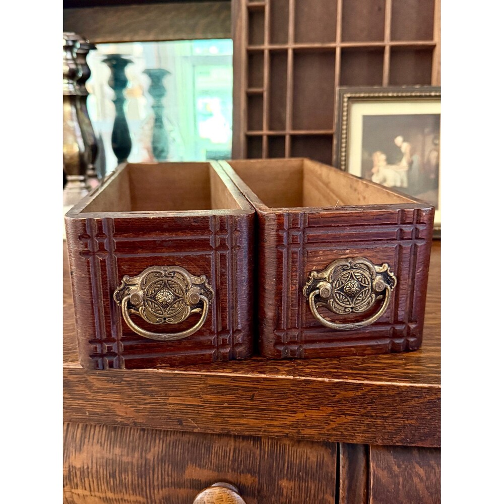 Antique Sewing Drawers Pair Treadle Machine Oak Stamped Brass Drop Pulls